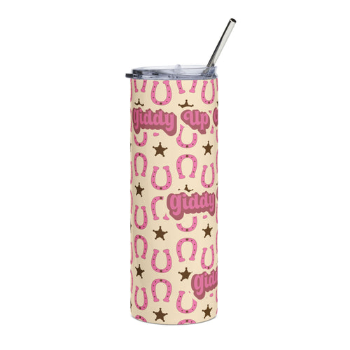 20oz Stainless Tumbler — Pink 'Giddy Up Cowgirl' Horseshoe Pattern