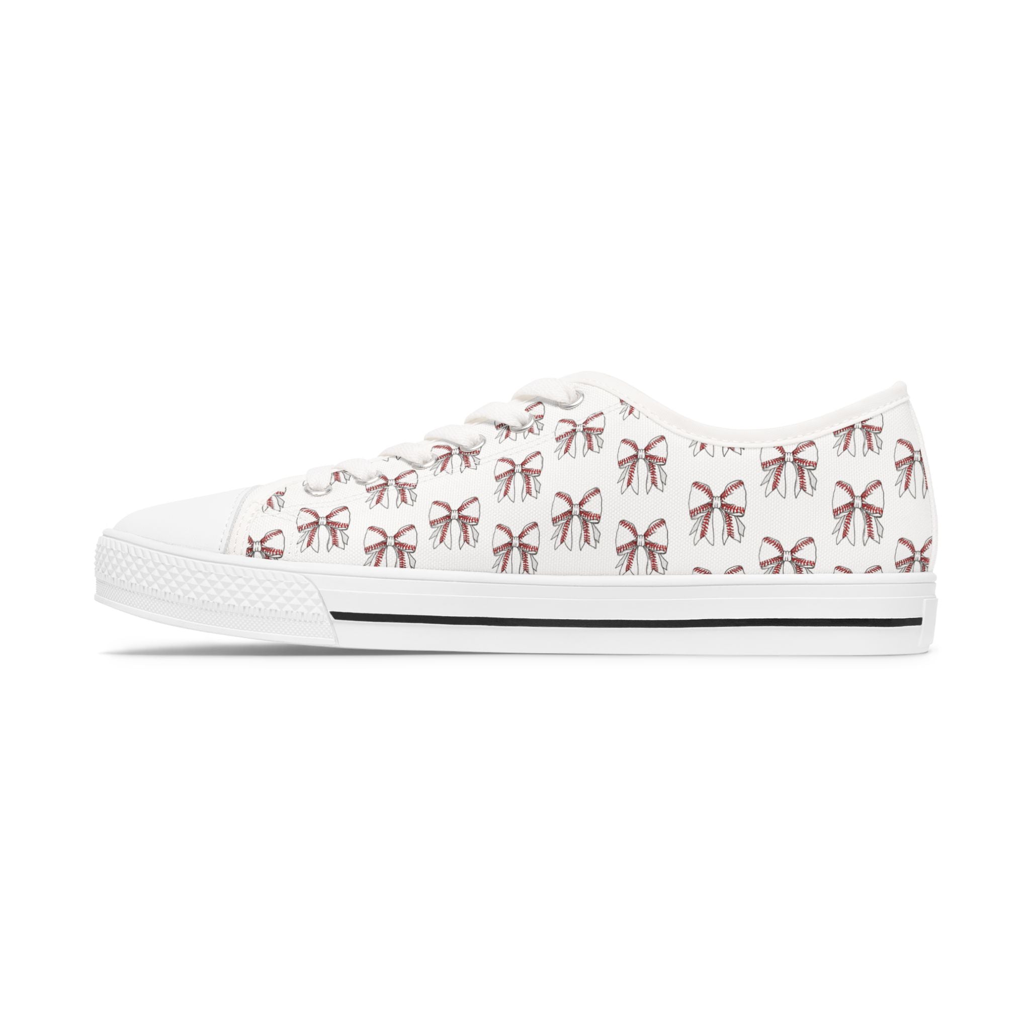 Baseball and Bow Print Women's Low Top Sneakers — Cute Pink Ribbon Pattern Casual Shoes