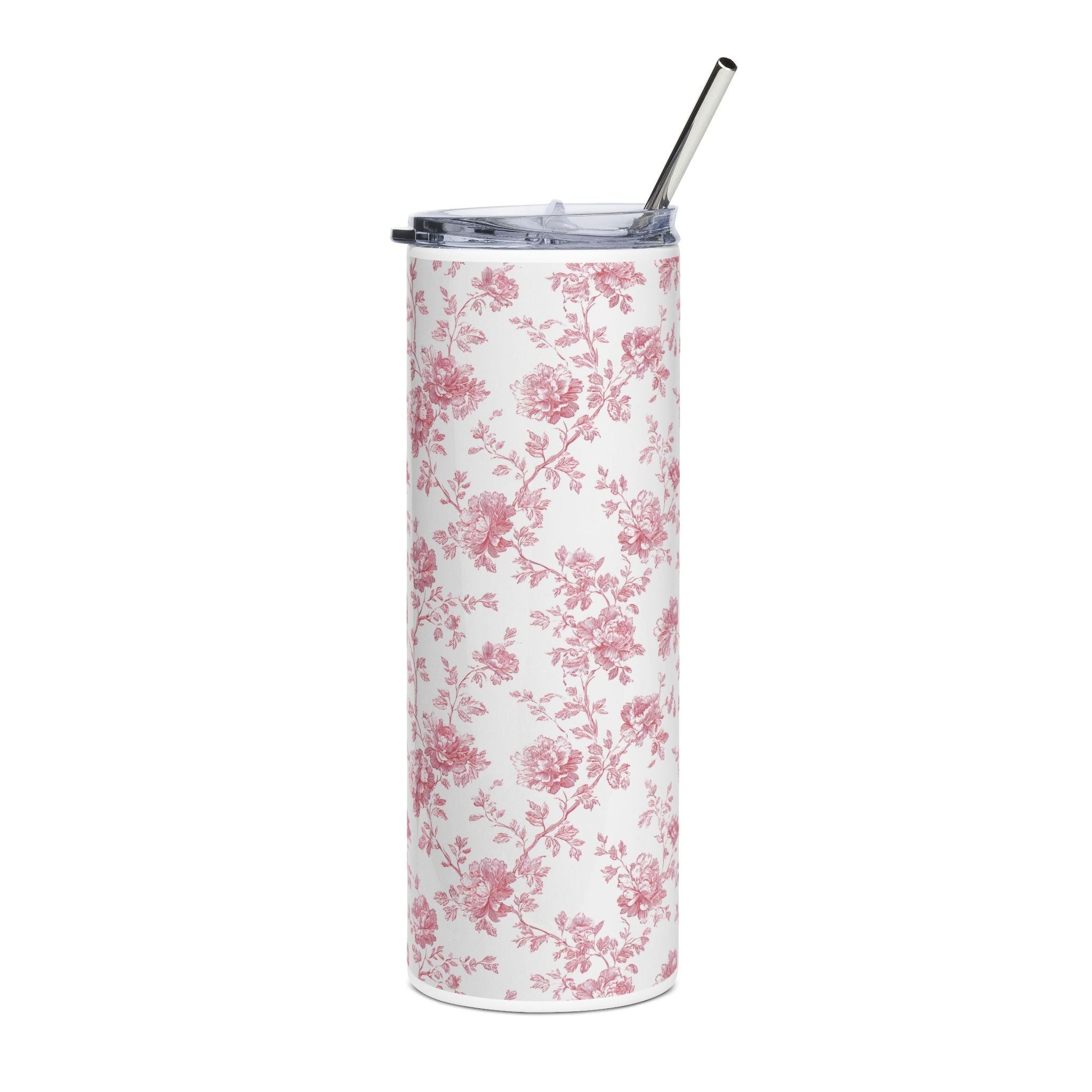 20oz Floral Slim Tumbler — Pink Vintage Rose Stainless Steel Travel Cup