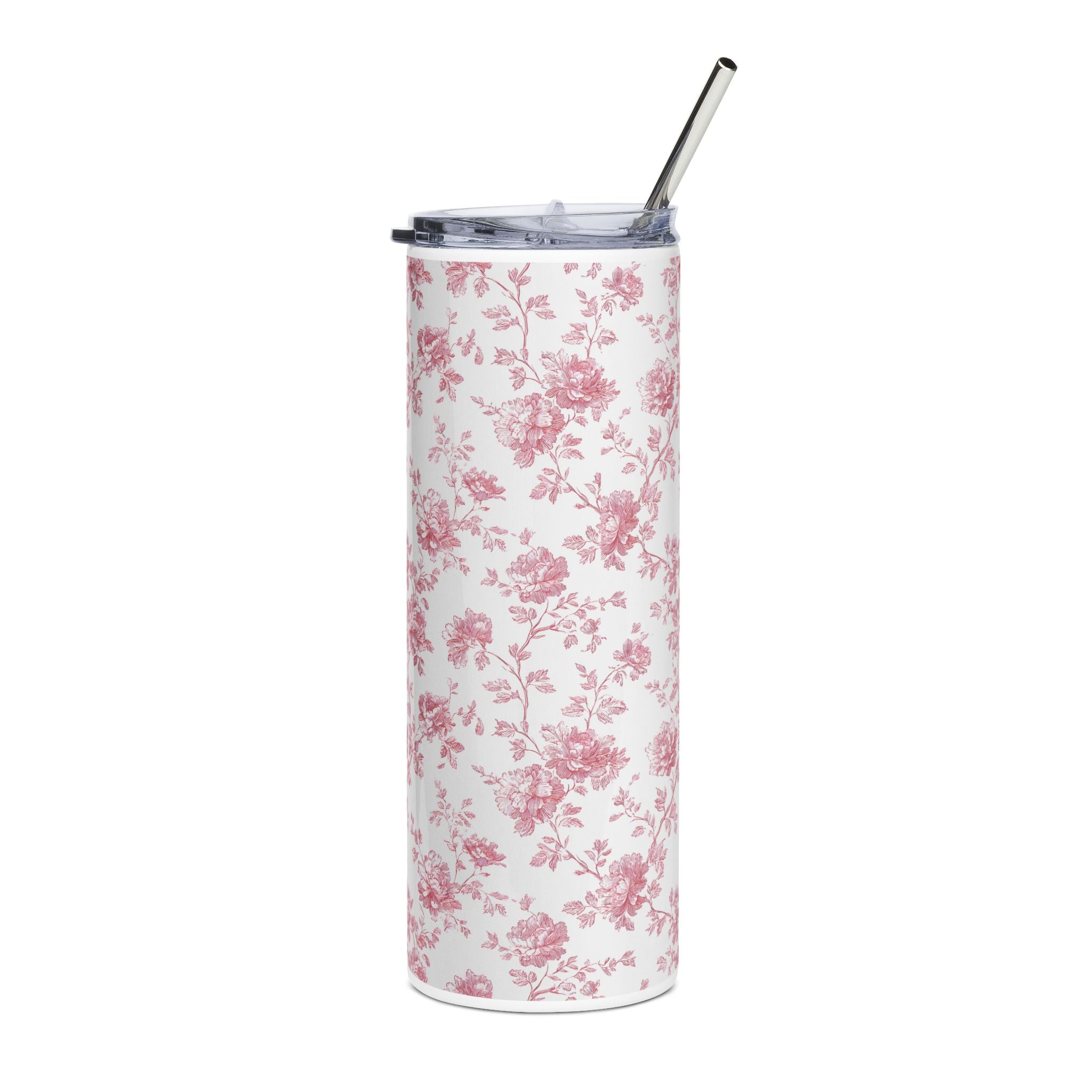 20oz Floral Slim Tumbler — Pink Vintage Rose Stainless Steel Travel Cup