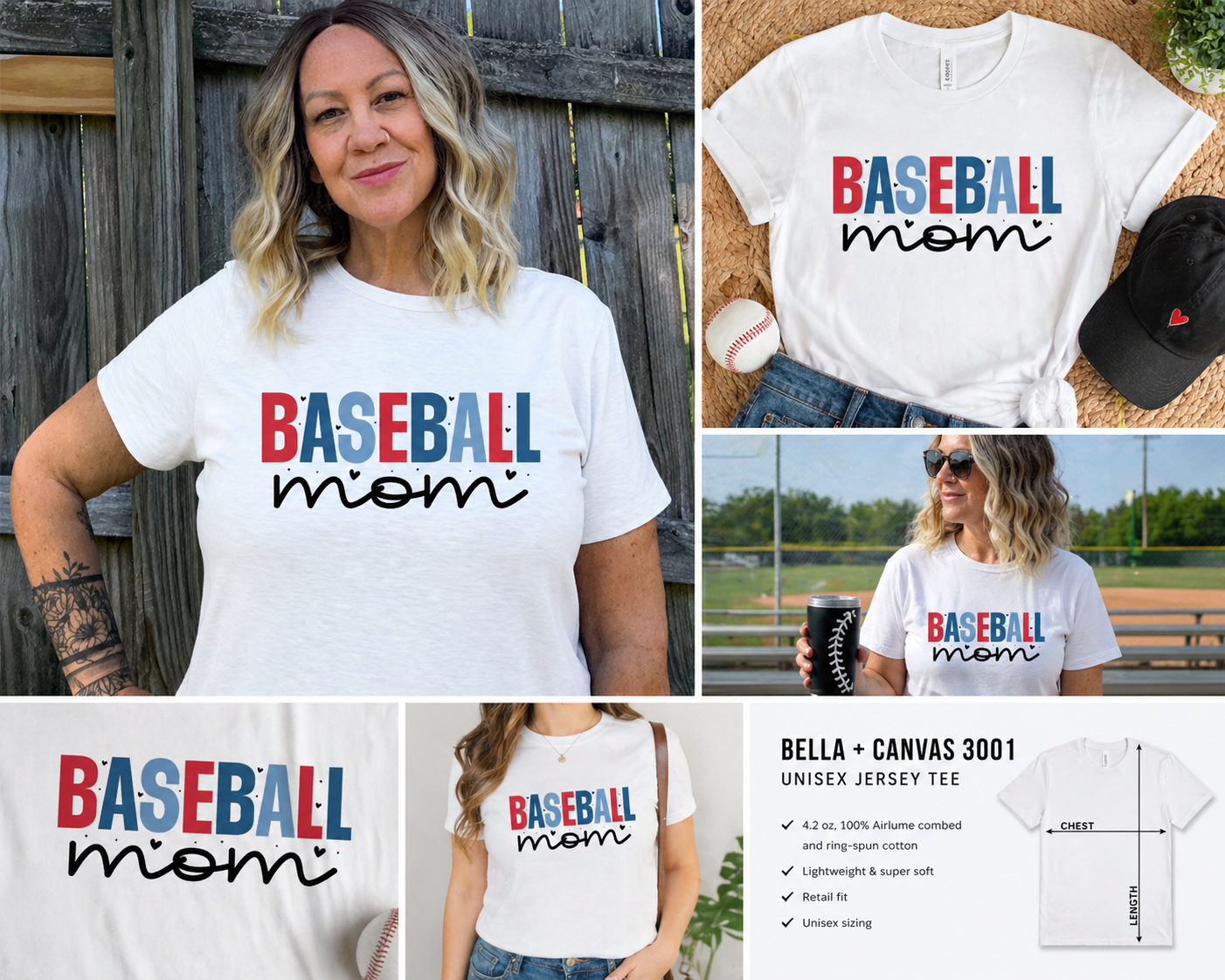 Baseball Mom Shirt – Game Day Tee – Red White Blue Baseball Graphic – Bella Canvas 3001 – Soft Unisex Fit