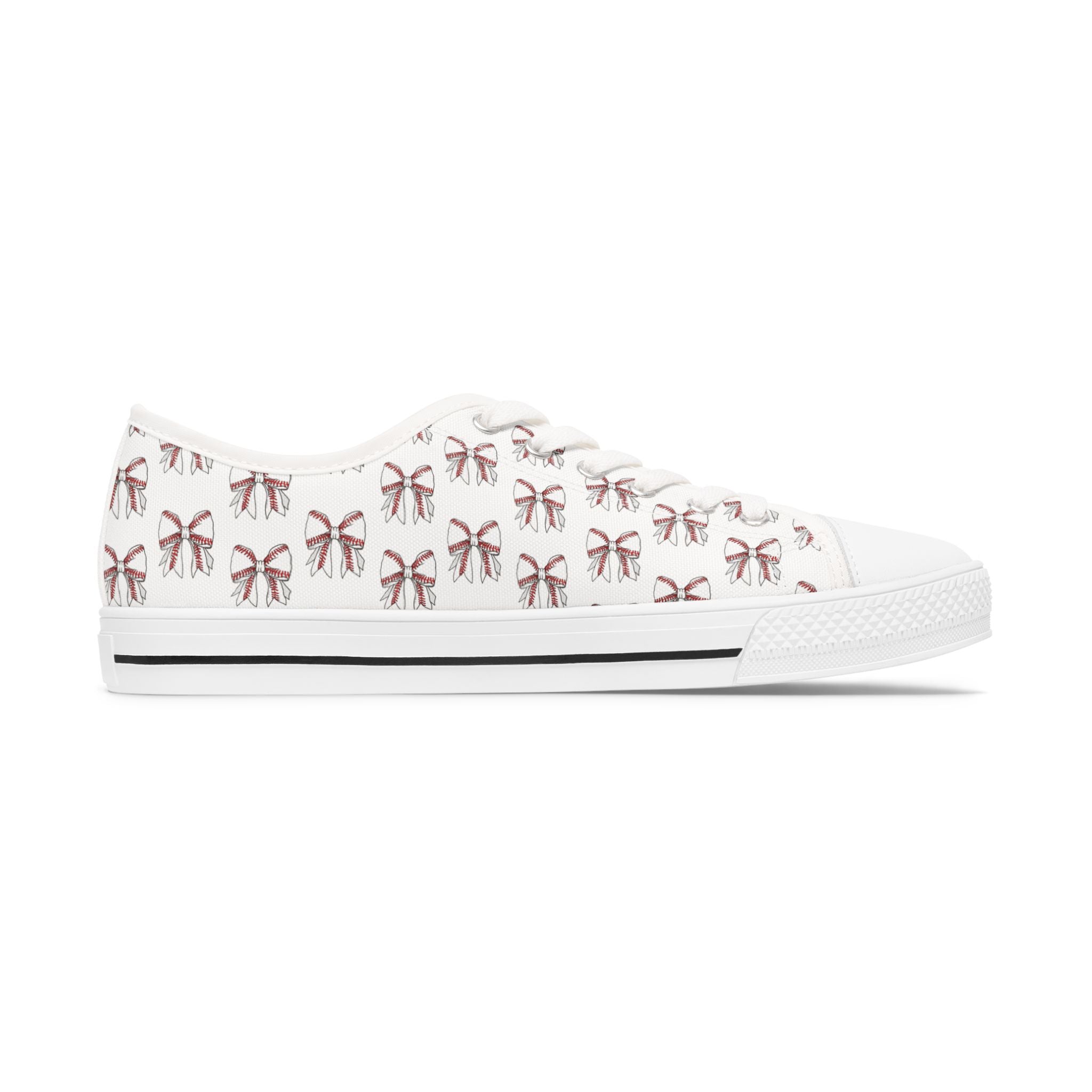 Baseball and Bow Print Women's Low Top Sneakers — Cute Pink Ribbon Pattern Casual Shoes