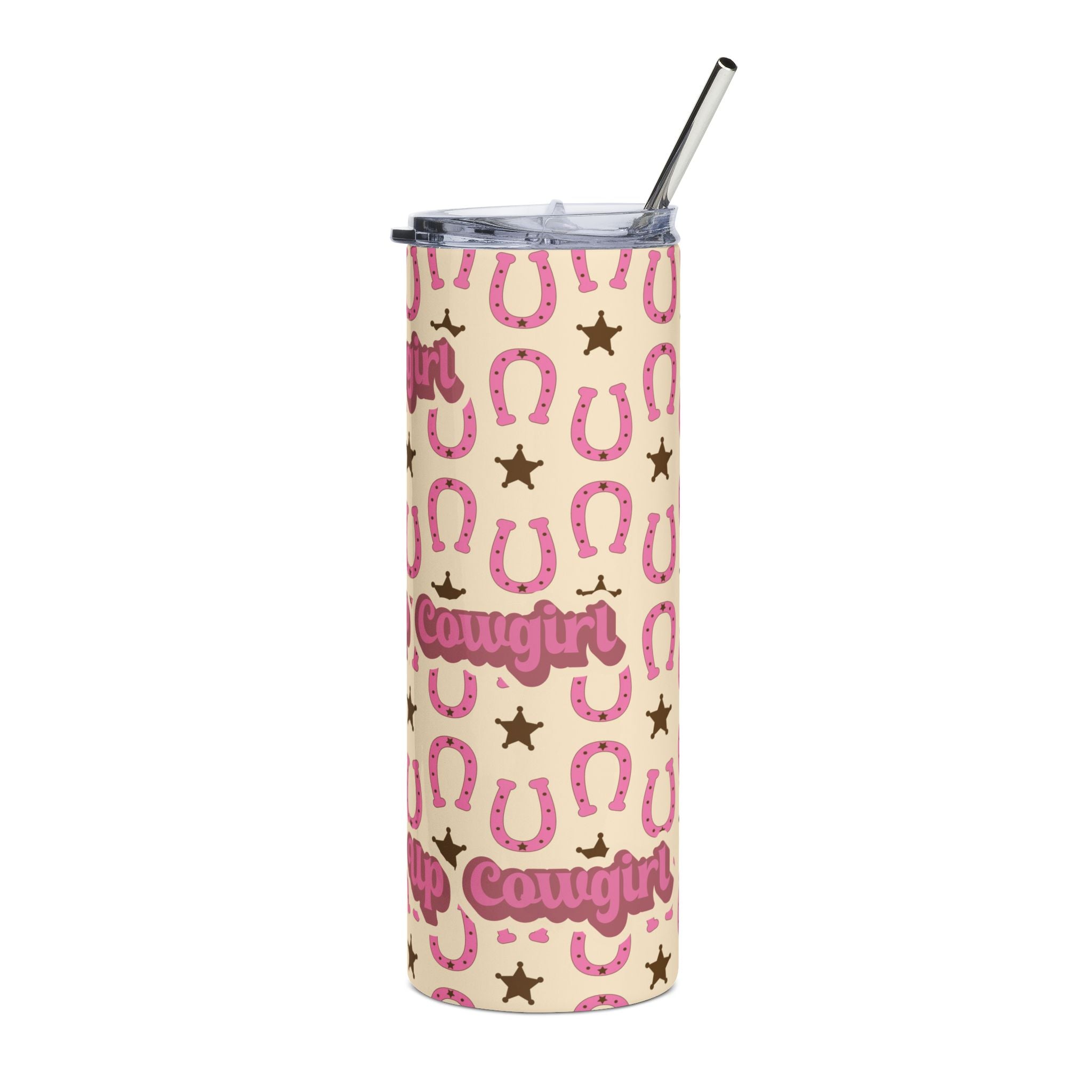 20oz Stainless Tumbler — Pink 'Giddy Up Cowgirl' Horseshoe Pattern