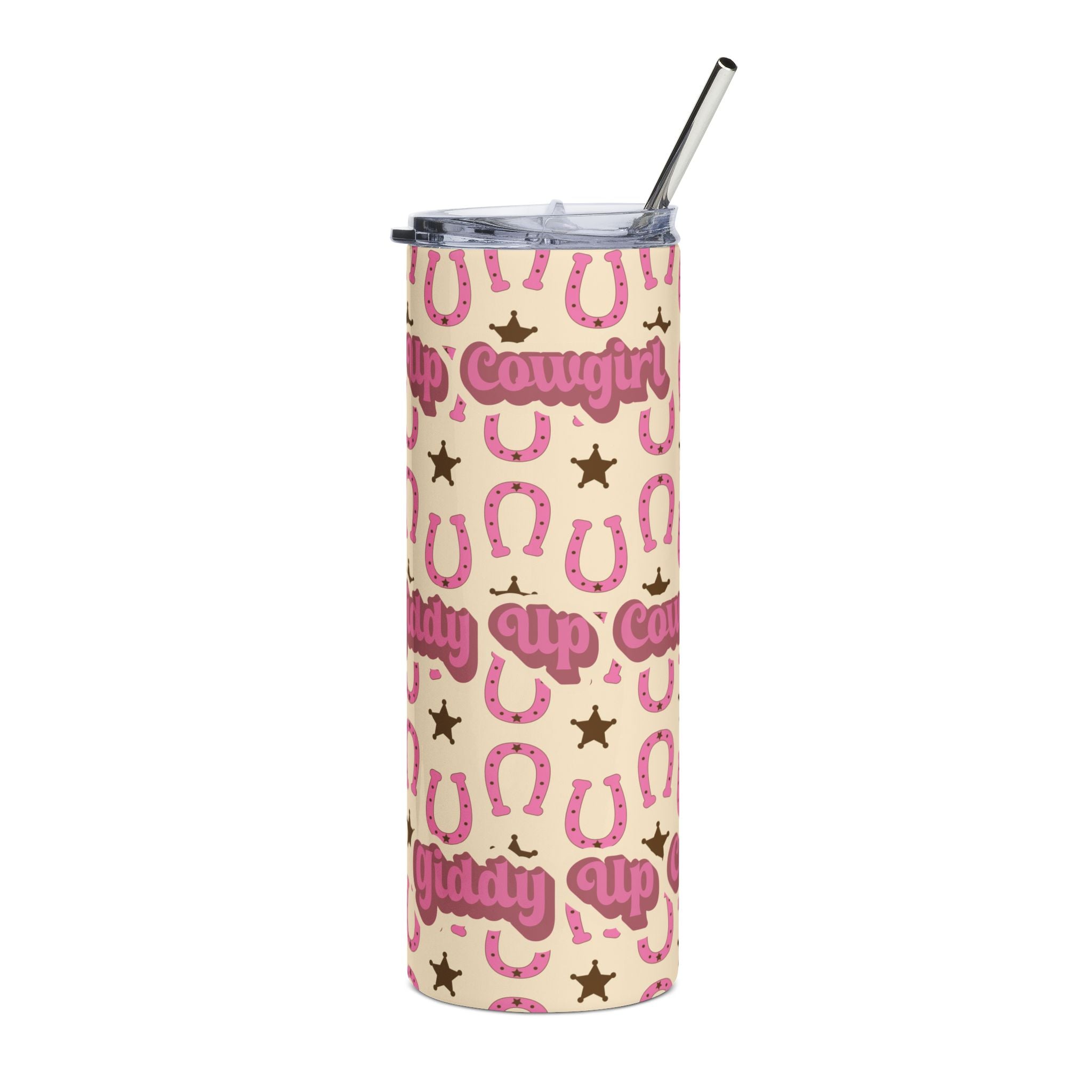 20oz Stainless Tumbler — Pink 'Giddy Up Cowgirl' Horseshoe Pattern