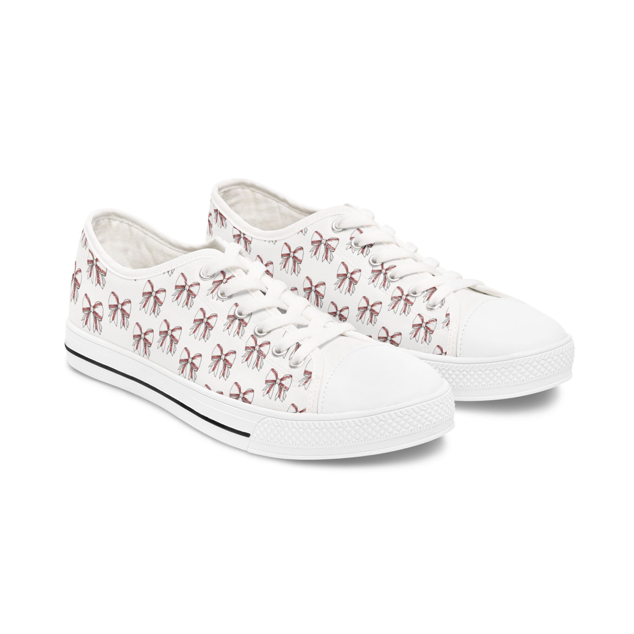 Baseball and Bow Print Women's Low Top Sneakers — Cute Pink Ribbon Pattern Casual Shoes