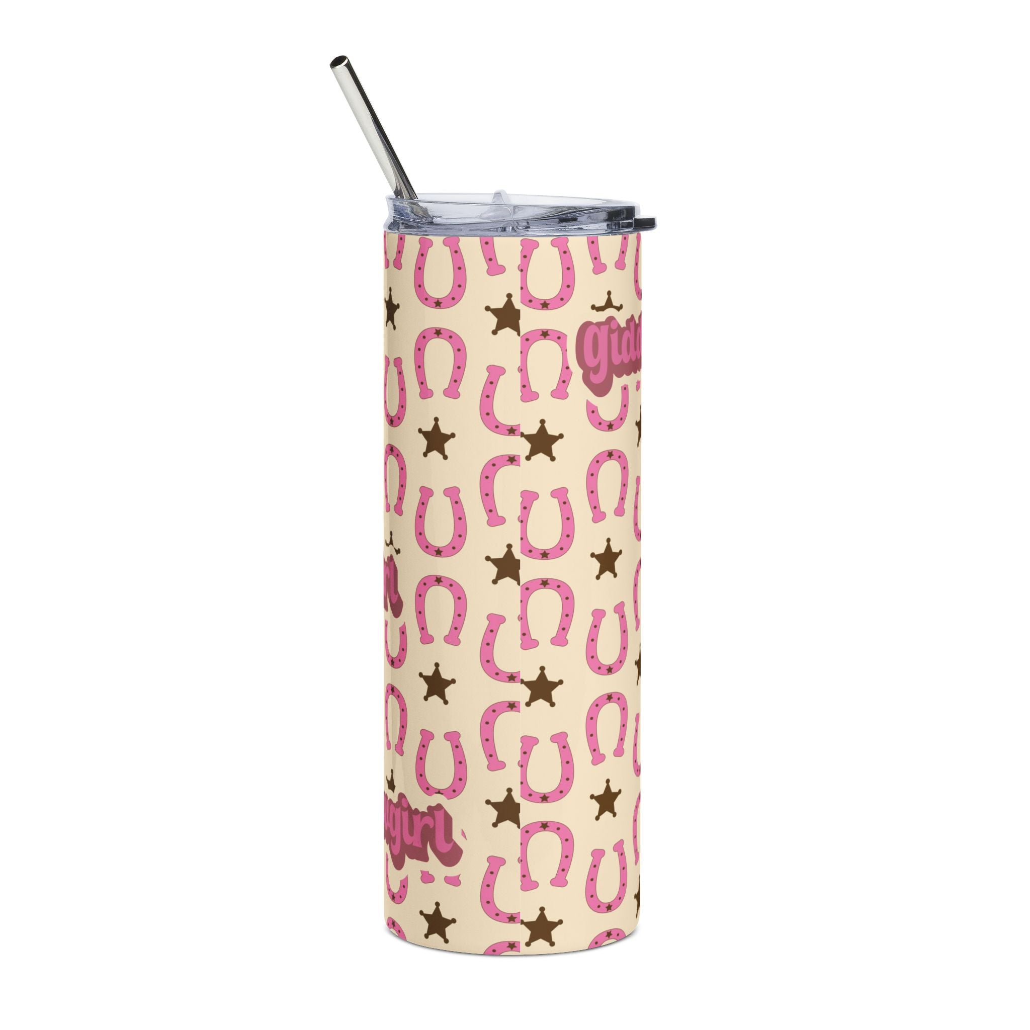 20oz Stainless Tumbler — Pink 'Giddy Up Cowgirl' Horseshoe Pattern